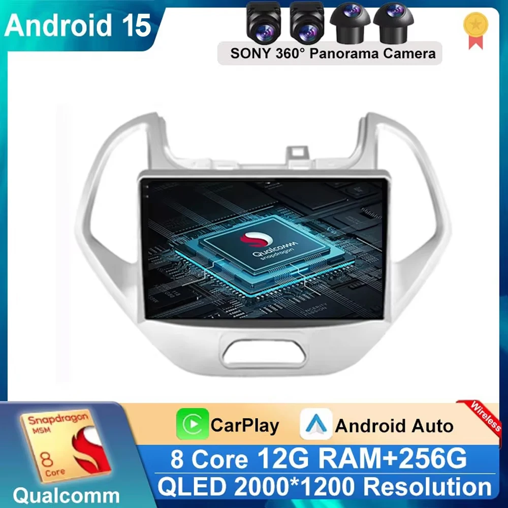 Car Radio Carplay Android 15 For FORD FIGO KA 2015 2016 2017 2018 2019 2020 Automotive Bluetooth Multimedia Receiver Coche