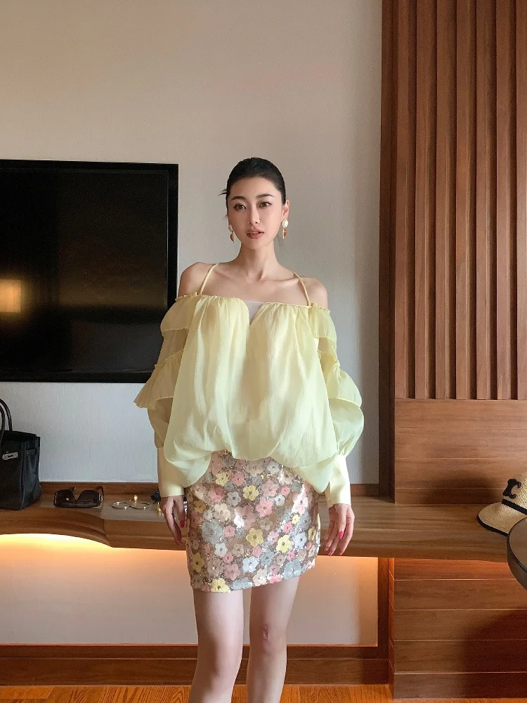 

Dongni3, новинка весны и лета, тяжелый комплект на одно плечо, длинная юбка с блестками и цветком, комплект Faion, женская одежда