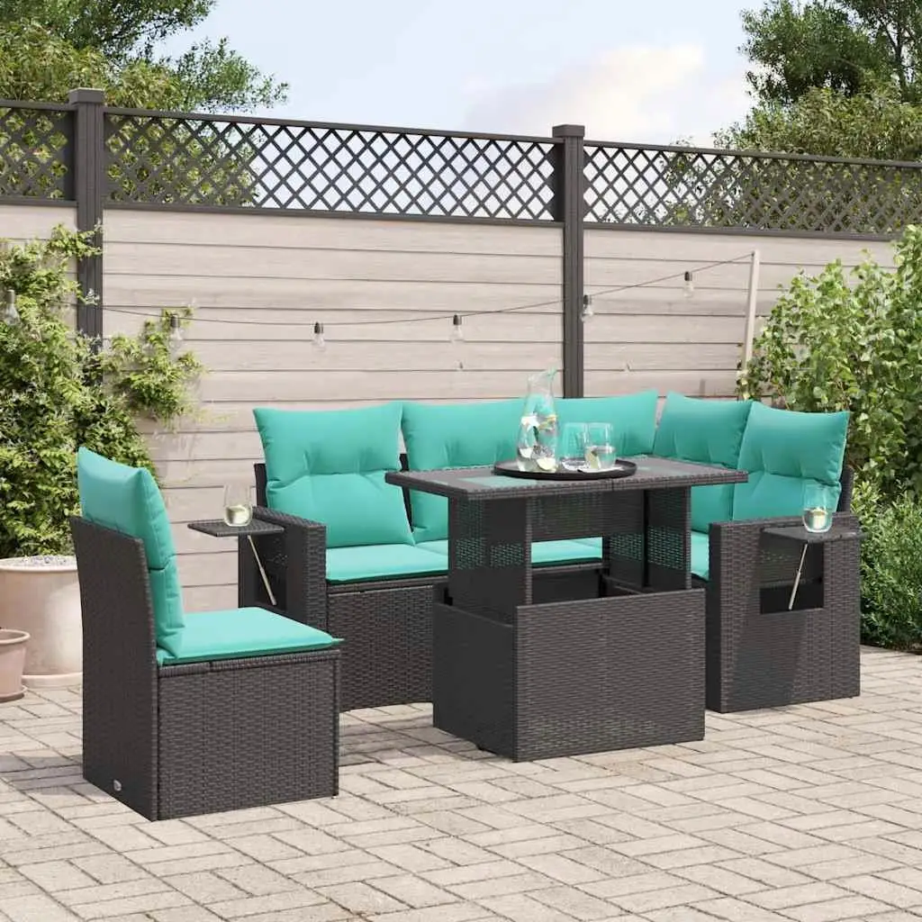 

6 Piece Outdoor Patio Sofa Set with Cushions Black Rattan Furniture Garden Seating