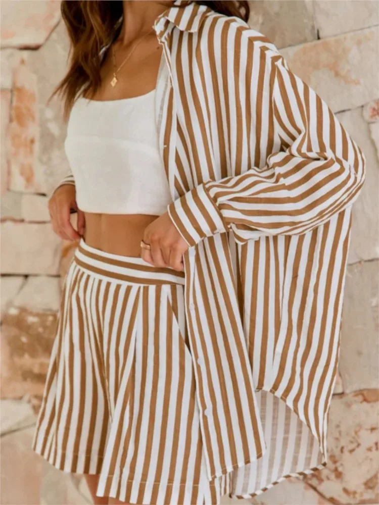 2024 Summer Short Sets Fashion Casual 2 Piece Sets Women Outfit Long Sleeve Shirt Striped Suit Two Piece Set Office Clothes