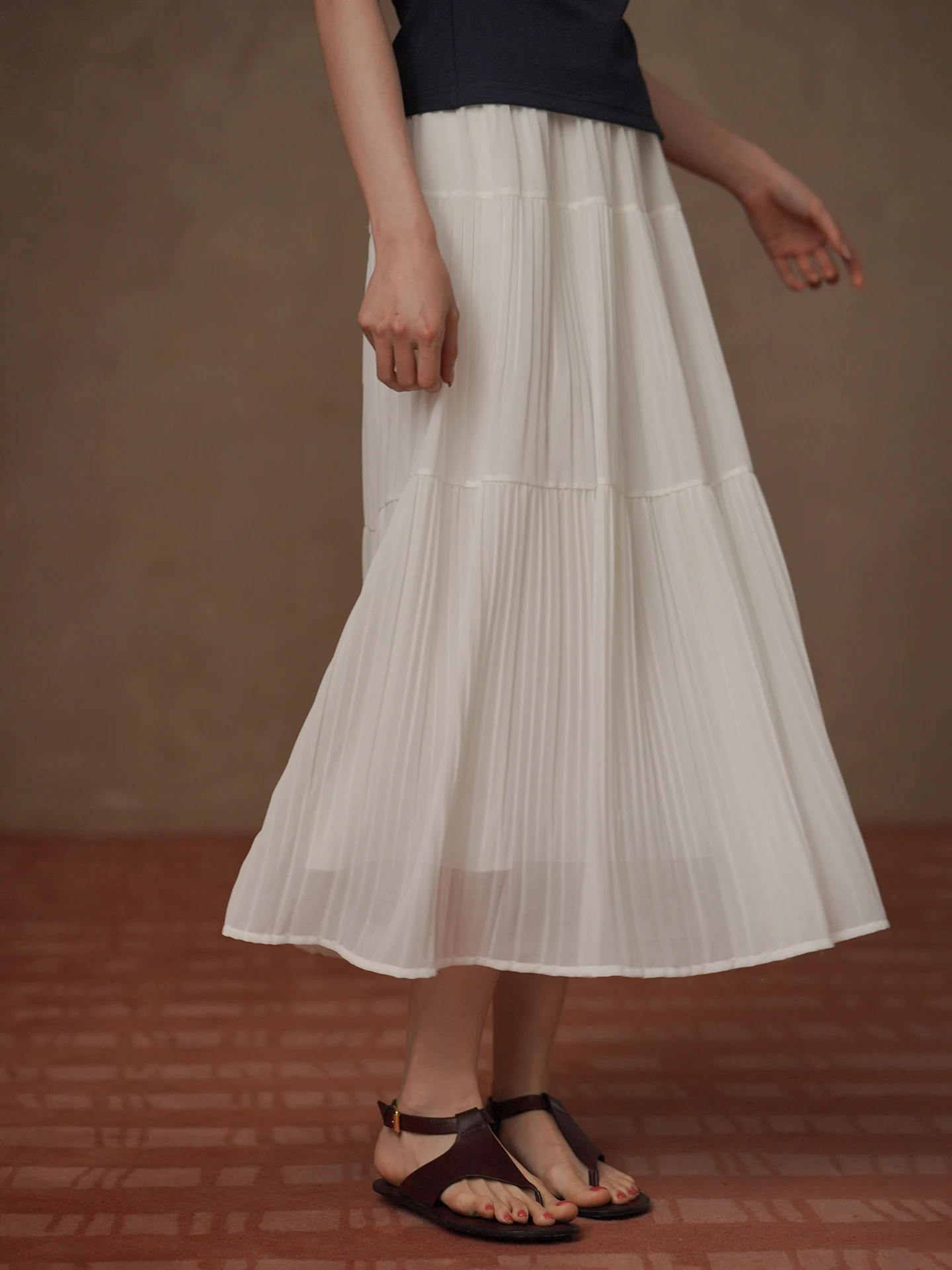 Hacikis Miss High Waist Airy Feel Spliced High Density Pleated Texture Skirt Casual Style Polyester Fiber Cake Skirt