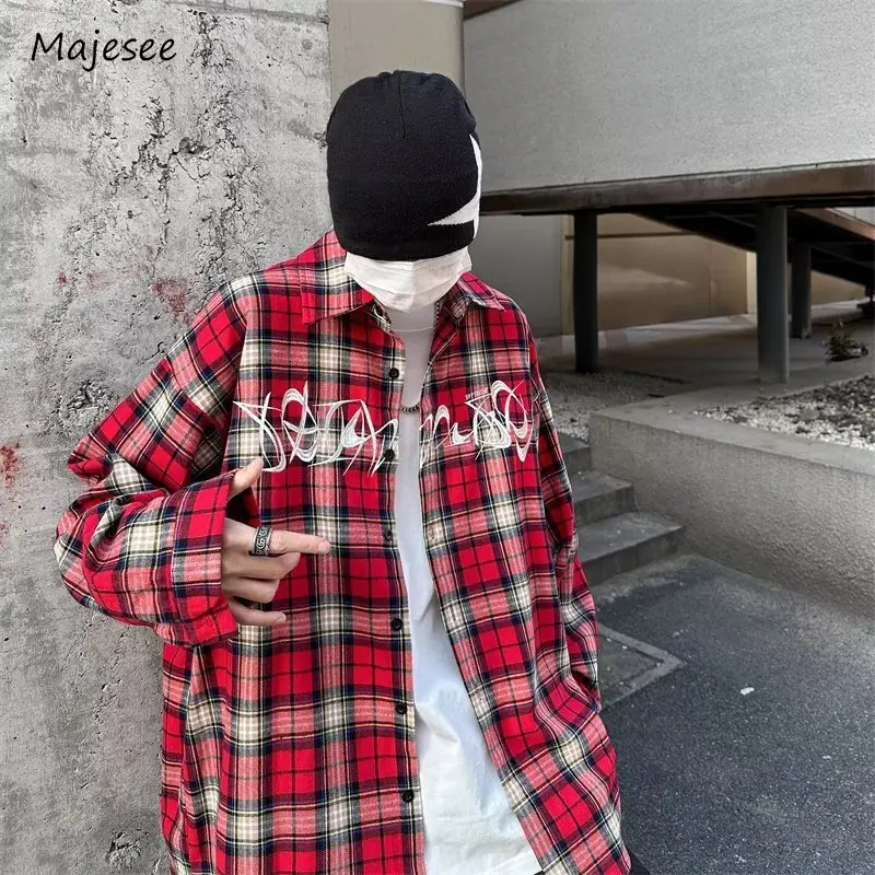 

Embroidery Jackets Men Loose Retro Classic American Style High Street Plaid Turn-down Collar Spring Autumn Male Cozy Outerwear