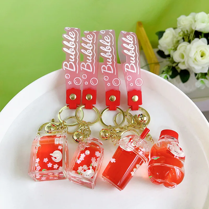 Liquid Oil Luminous Ice Cube Shape Keychain Cute Floating Quicksand Rabbit Keyring Women Girl Bag Pendant Key Chain Gifts