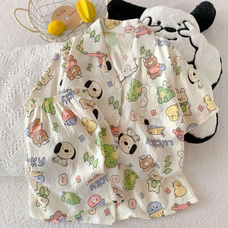 موضة الكرتون طباعة الحلو المرأة منامة الفرنسية عادية لطيف Y2K منامة للنساء التلبيب الرقبة زر تصميم 2 قطعة مجموعة ملابس منزلية #1