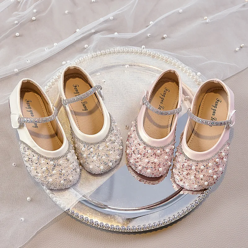 

2025 Autumn New Girls' Sequined Princess Shoes Simple Versatile Kids Leather Shoe Comfort Non Slip Girls Flat Casual Shoes