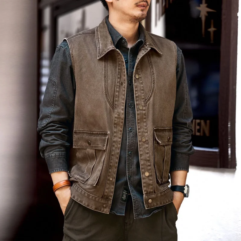 

American Retro Work Suit Vest Men's Spring and Autumn Vest Denim Jacket Top Work Suit Outdoor Loose Top