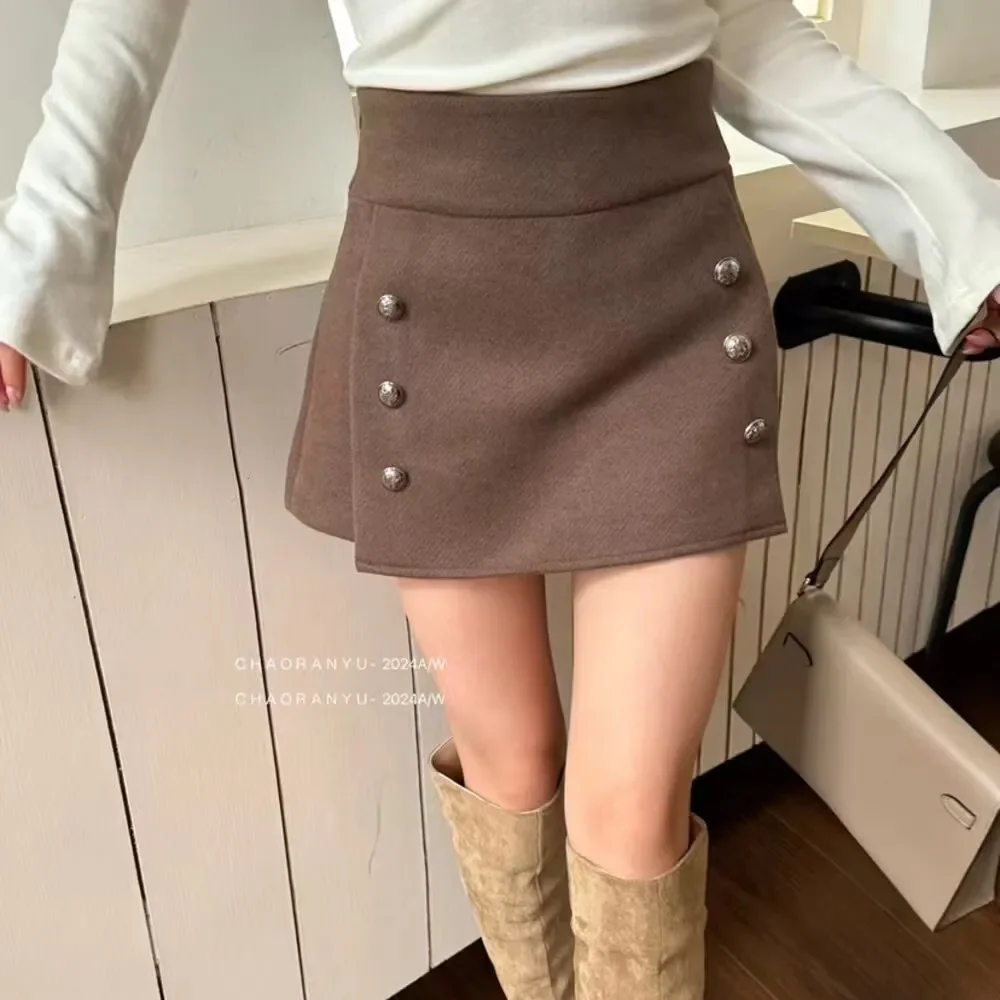 New Fashion Mini Woolen Skirt Women Spring Autumn High Waist Double-breasted High Waist Sexy Elegant Office Lady Skirts