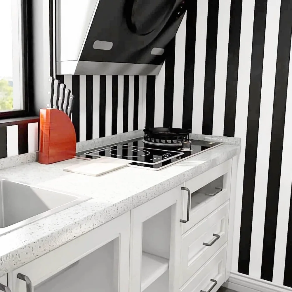 ورق جدران مخطط مقاوم للماء وقابل للإزالة ذاتي اللصق باللونين الأبيض والأسود للخزائن والأرفف والجدران - سهل التقشير والالتصاق