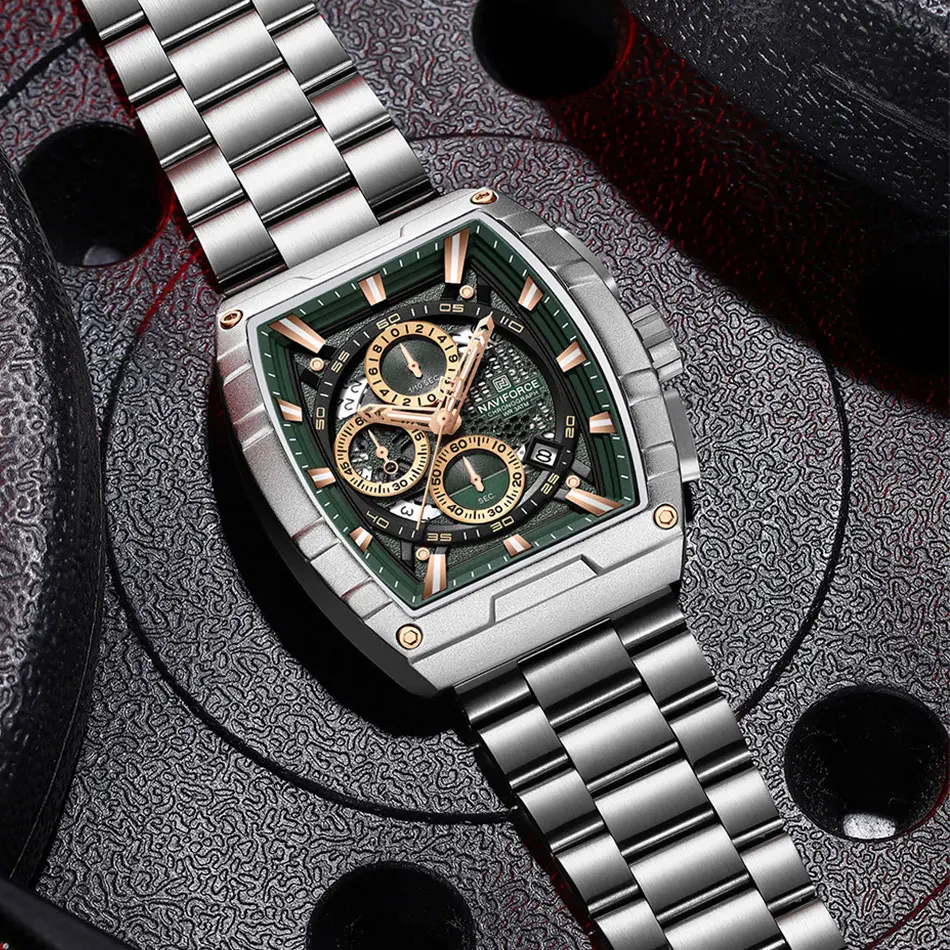 NAVIFORCE Quartz Watch for Men Fashion Waterproof Luminous Chronograph Wristwatch Auto Date Stainless Steel Strap Clock Gift