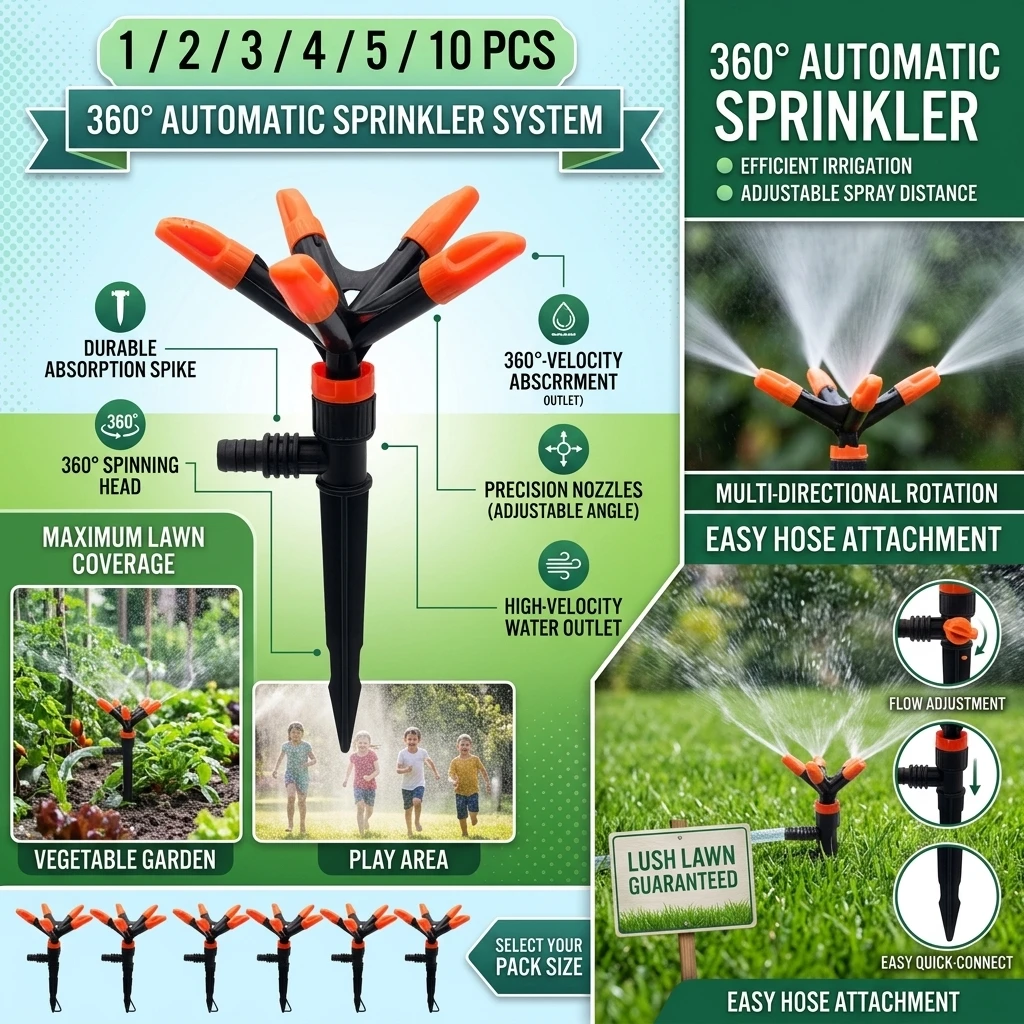 360-degree Rotating 5-nozzle Automatic Sprinkler For Watering Flowers, Vegetables, Water Pipes, Garden Lawn Irrigation Ground