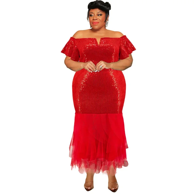 

Plus Size Women Short Sleeve Mesh Patchwork Sequined Long Dress 2025 Summer Night Club Casual Streetwear Dresses