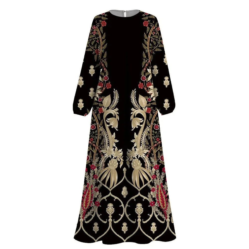 Leisure Muslim Abaya Round Neck Dresses 2024 Ramadan Printing Abaya Dresses Turkey Dubai Femme Islam Muslim Clothing Abayas