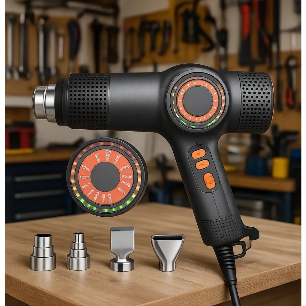 

Термофен 1800 Вт, быстрый нагрев, 122-1202°F, LED-дисплей, 4 насадки для термоусадочной пленки, сушки автомобильной пленки, смягчения материалов