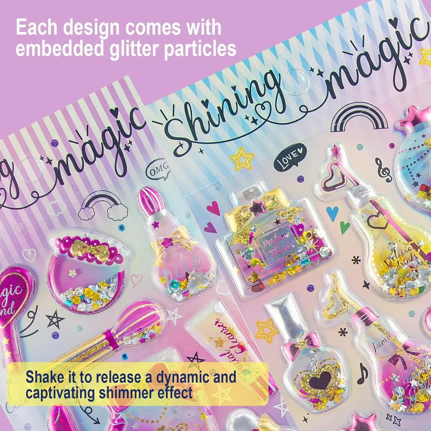 Cute 3D Puffy Stickers, Sparkly Gold Foil & Shaking Beads - Reusable, Shimmery Decals for Planners, laptops, Phones, DIY Gifts