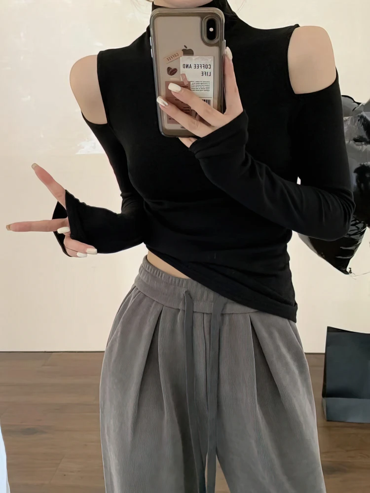Korean Fall Winter Turtleneck Basic Tops Women Sexy Off Shoulder Long Sleeve Thick Fleece T Shirt Fashion Black Tees Lady