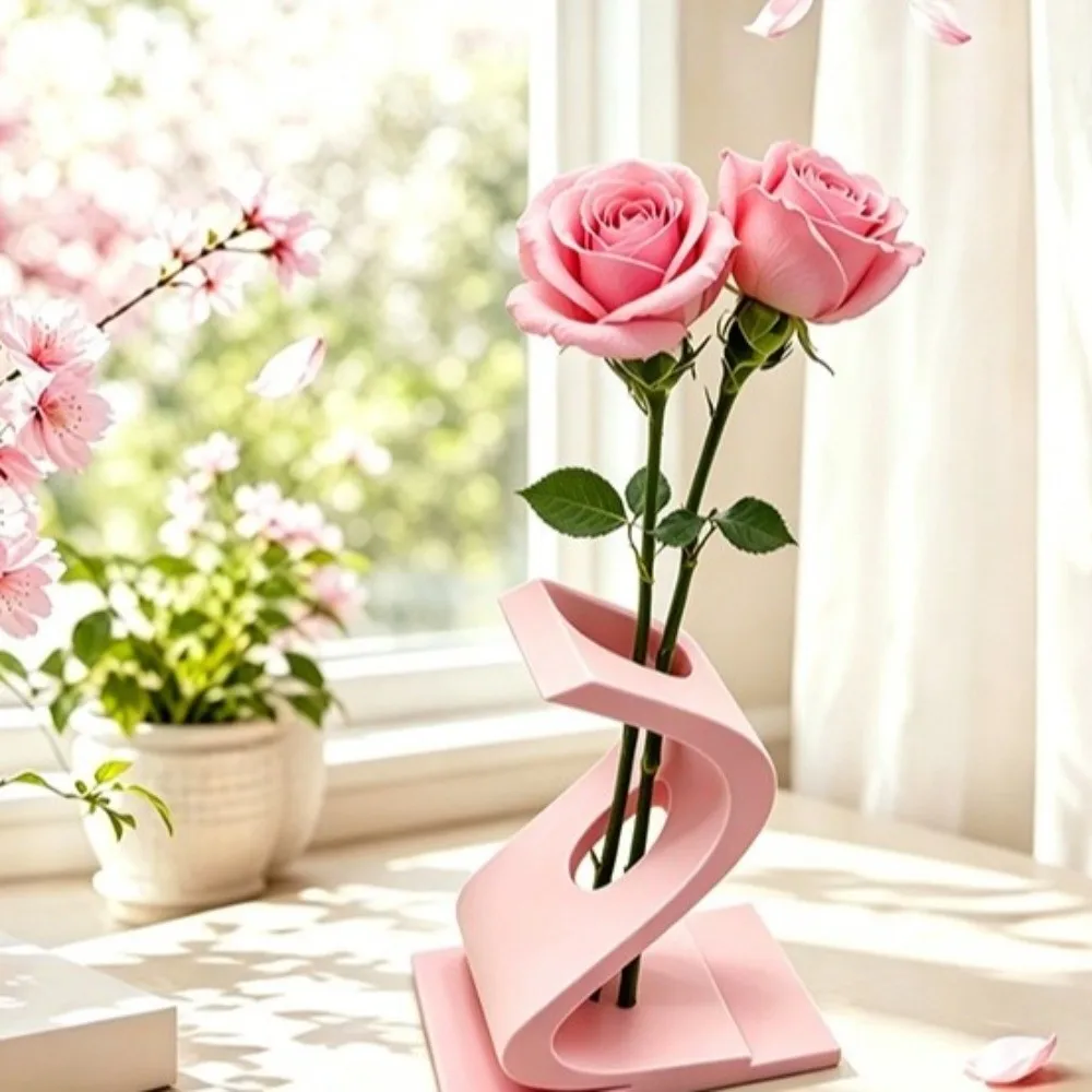 3D Printed S-shaped Twisted Vase Geometric Art Minimalist Flower Bouquet Holder Plastic Hollow Out Desktop Pen Holder Bedroom