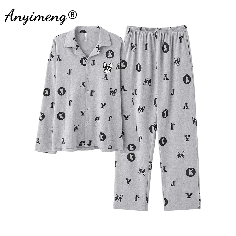 Casual algodão falso macio pijama cavalheiro, pijama de gola virada para baixo masculino, pijama de lazer, outono, primavera