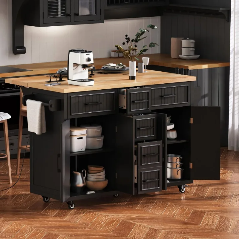 OE HOME 56.5'' Kitchen Island Drop Leaf Power Outlet Embossed Vertical Stripe Rolling Cart Wheels 4 Doors 5 Deep Drawers