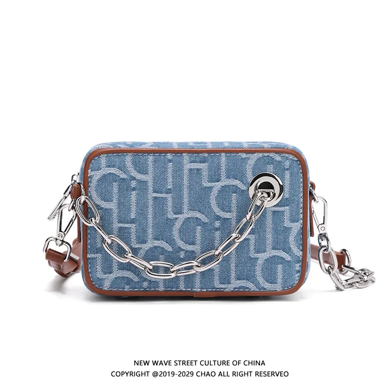 Original niche designer men's bag light luxury presbytery box bag Denim chain Crossbody bag small square camera bag fashion