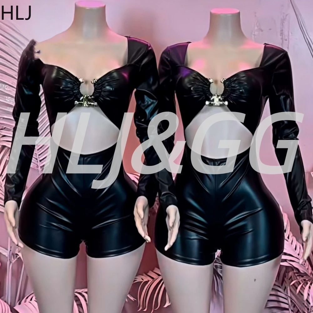 

HLJ Black Sexy Hollow Leather Metal Bodycon One Piece Rompers Women V Neck Long Sleeve Slim Jumpsuits Fashion Solid Overall 2025