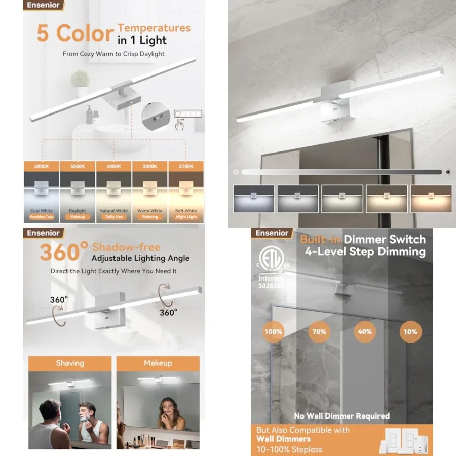 Modern Bathroom Vanity Light, Built- Dimmer, 18.5W Dimmable 5CCT Led Bath Lights, Baked-on Vanity Lights for Bathroom Mirror Ca