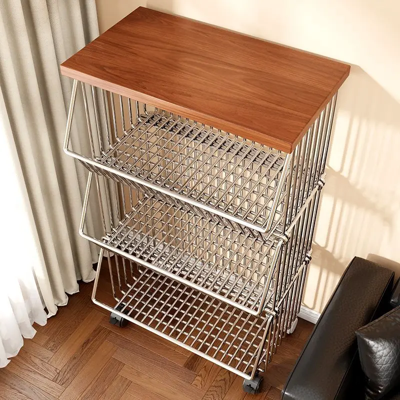 3-Tier Rolling Kitchen Storage Trolley, Metal Wire Cart With Walnut Top, Lockable Wheels, Utility Organizer For Kitchen Pantry