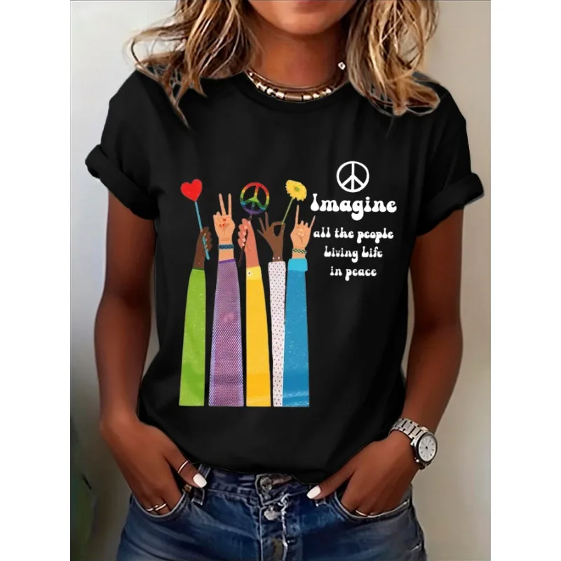 ilstile New Women's Imagine All People Living Life In Peace Print T-Shirts Short Sleeve O Neck Summer Tops Casual Tees