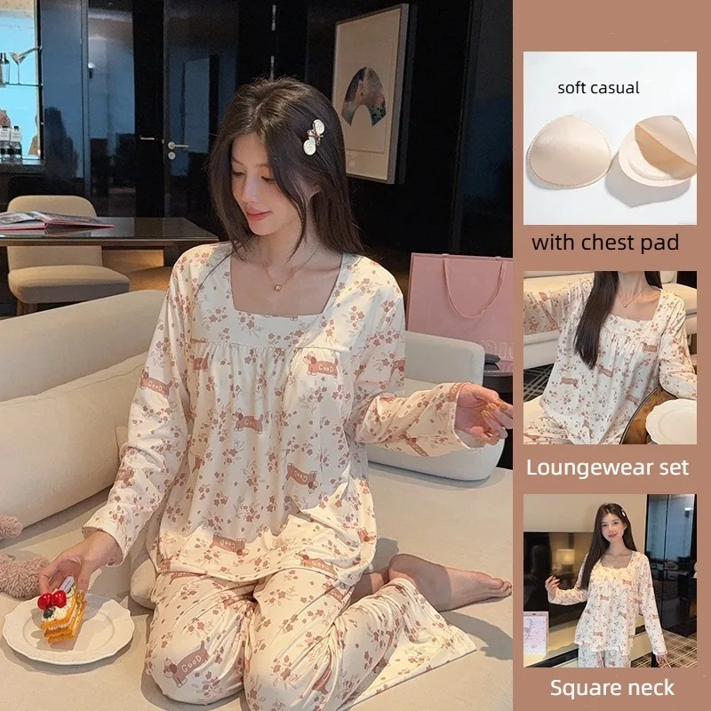Cute Dog Print Square Neck Pajamas Set for Women 2 Piece Set Loungewear Autumn Winter Casual Korean Style Nightwear Loose
