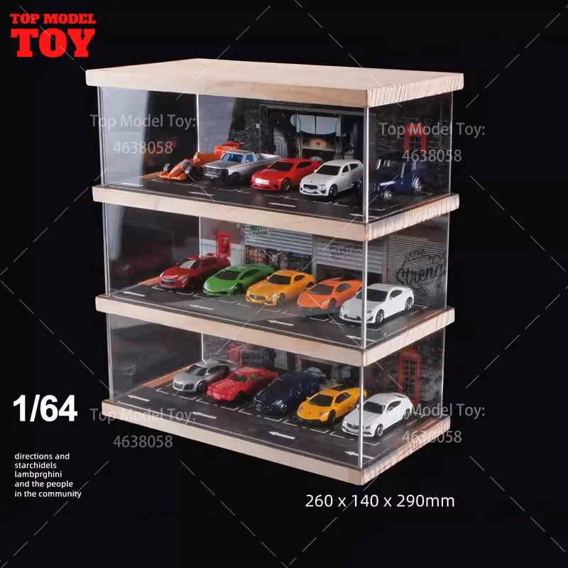 1/64 Scale Three Story Parking Lot Model Simulated Car Garage Scene Assembly Display Box Mini House Props for Fan Storage