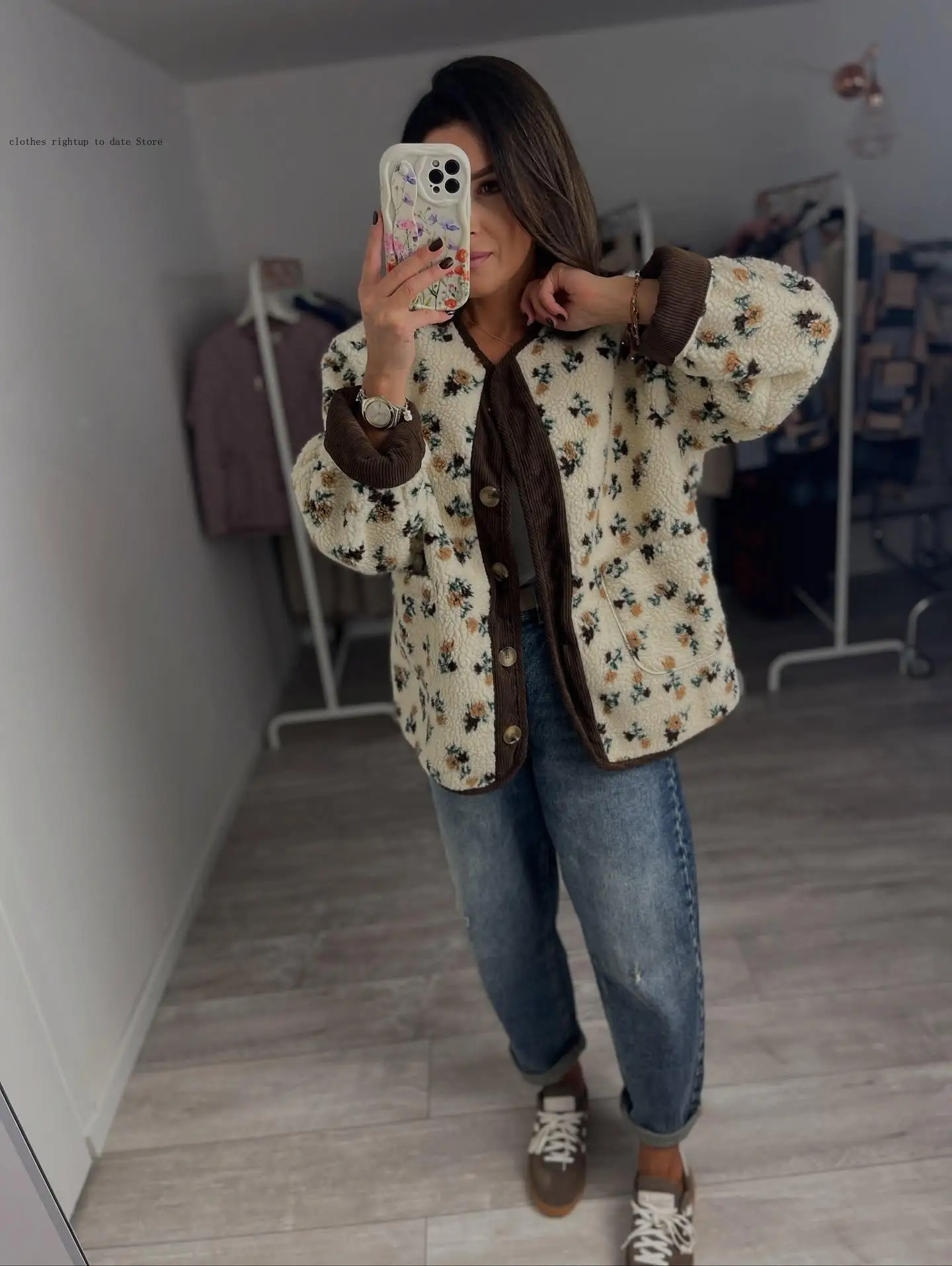 Ležérní kulatý výstřih s jedním řadovým zapínáním na kapsy, volné bundy, dámské denní dojíždění, kancelářský kabát, dámská tištěná krátká fleecová bunda - náhled 5