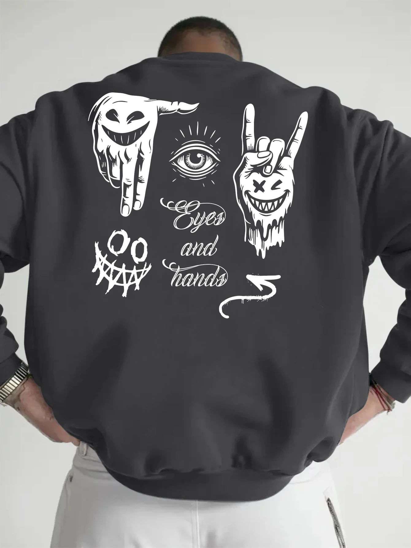 Men Black Oversized Crew Neck Pullover, Back White Devil Smile Hand Sign All SeeingEye