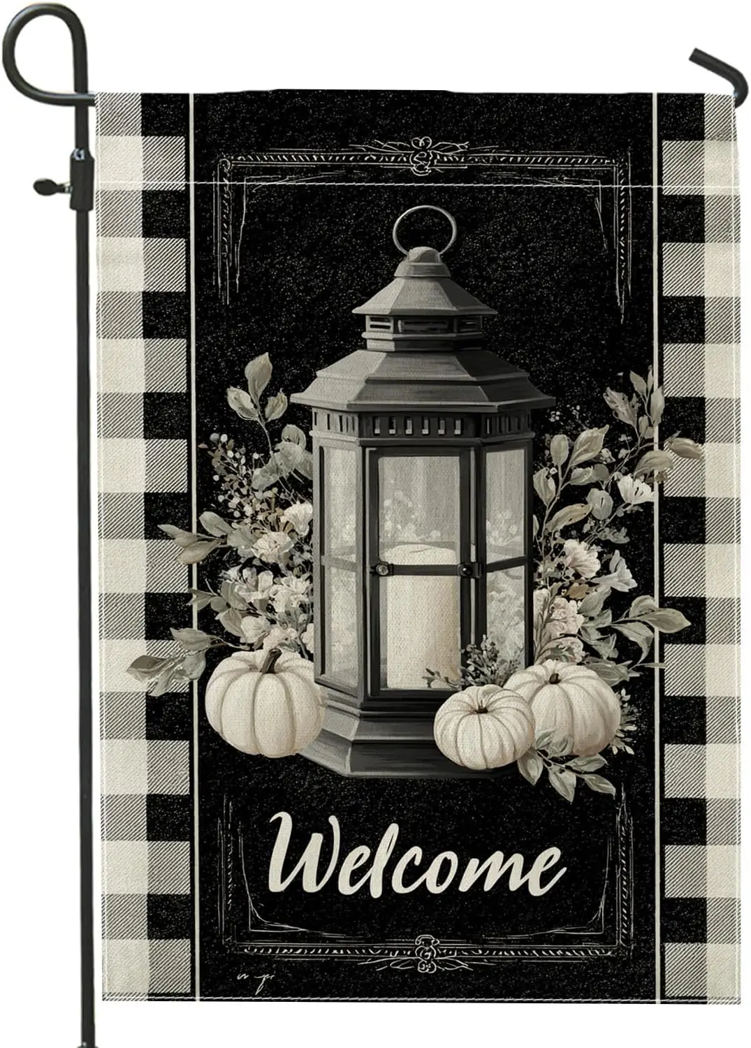 Welcome Lantern Garden Flag, Black White Buffalo Check Fall Decor Outdoor Banner, Double Sided Burlap Yard Flag for Autumn P yyi