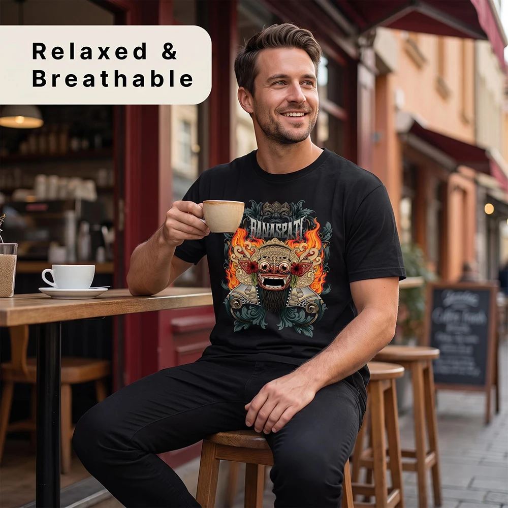 Bali Barong Mythical Creature Print Black Crew Neck Cotton Short Sleeve T-Shirt Casual Streetwear Tee