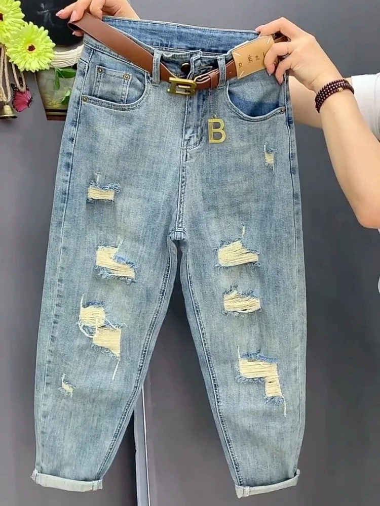 Jeans reto de cintura alta para senhoras, ajuste solto, calça jeans de haren stretch, jeans no tornozelo com furo, primavera e outono, 2024