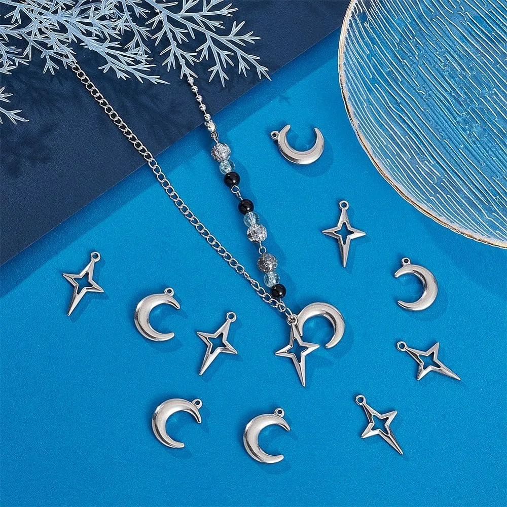 12 pcs 2 Style Pendant Star Pendant 304 Stainless Steel Pendants Metal Charms Starry Sky Dream Necklace Charms Stainles Steel