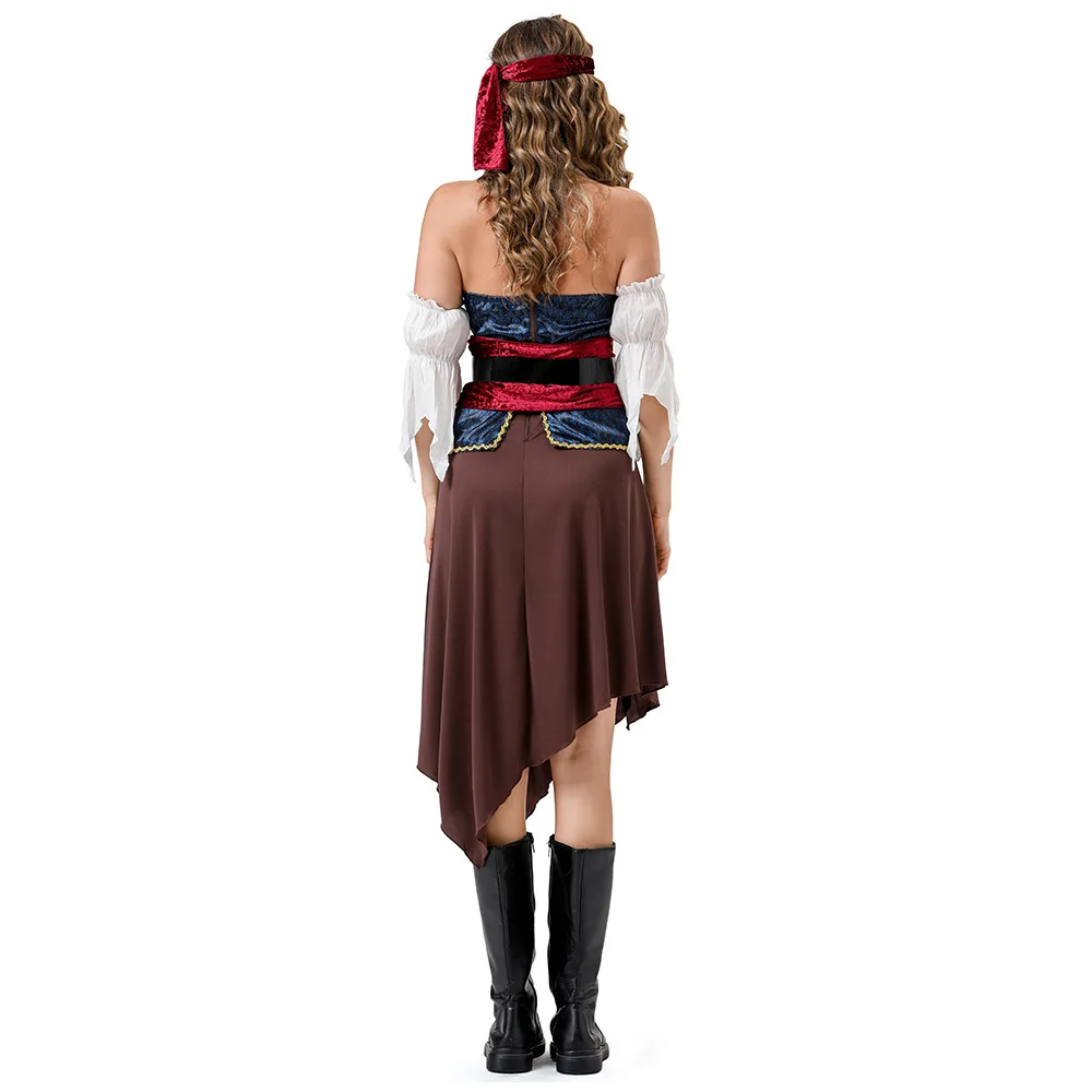 Halloween Cosplay Pirates Caribbean Pirates Costume Viking Dress Belt Sleeves Headscarf Waist Scarf Set Theme Party Outfit Women view 3