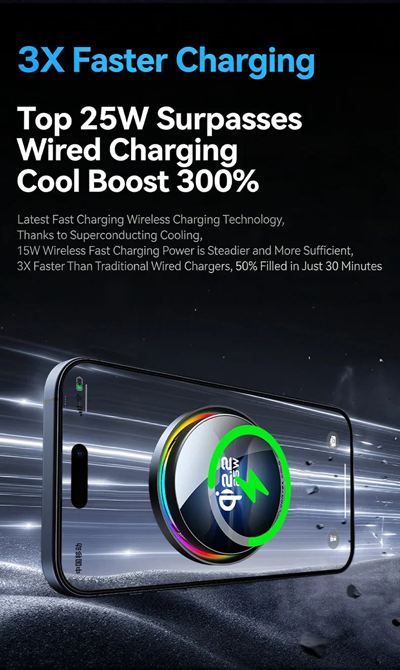 Qi2.2 25W ICE RGB Magnetisches Kabelloses Auto-Ladegerät Lüftungshalterung für iPhone 17 16 15 14 13 12 Samsung Xiaomi Schnell-Ladestation – Detail 6