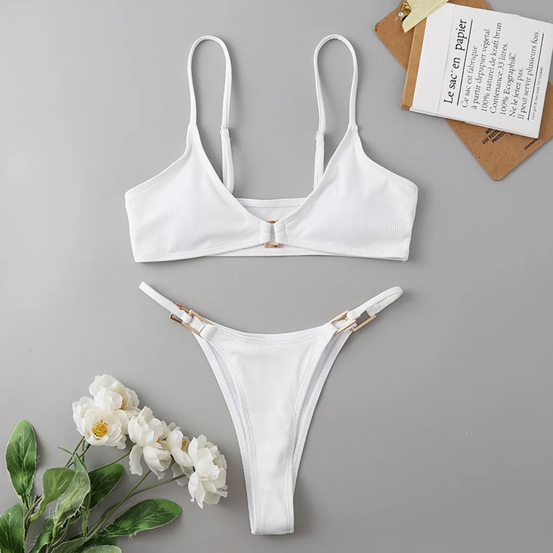 Sexy, gerippter, hoch geschnittener Bikini, Damen-Badeanzug, zweiteiliger Bikini mit Polsterung, Badebekleidung, Badeanzug, Damen-Bikini V7111 – Detail 30