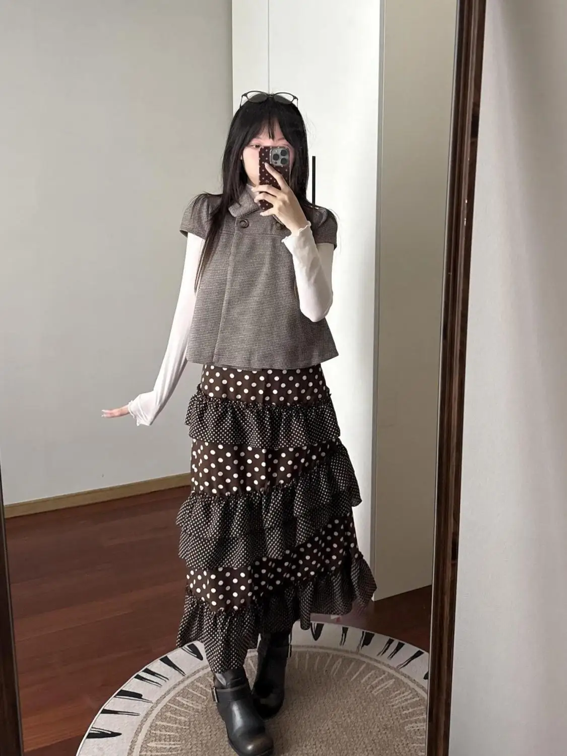 Retro Polka Dot Tiered Cake Midi Skirt Women Puffy Ruffled Patchwork Heavy Craft High Waist Japanese Korean Style Spring Fashion