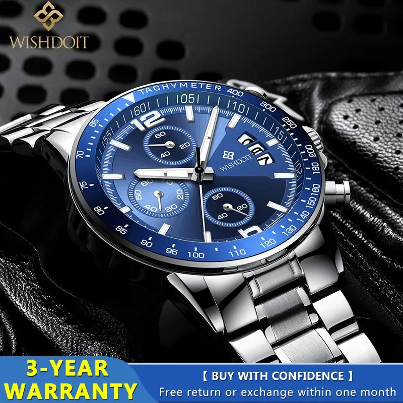 WISHDOIT Original Watch for Men Waterproof Stainless Steel Metal Strap Multifunction Chronograph Fashion QuartzAnalog Wristwatch