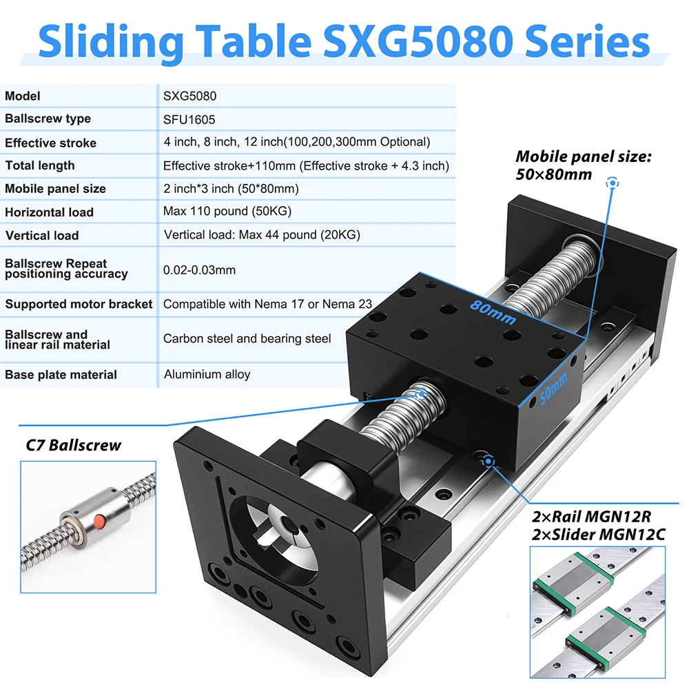 Nema 23 57mm Linear Motor Kit 80mm Wide CNC Sliding Table 60KG Heavy Duty Ball Screw Double Rail Linear Stage For CNC Machines