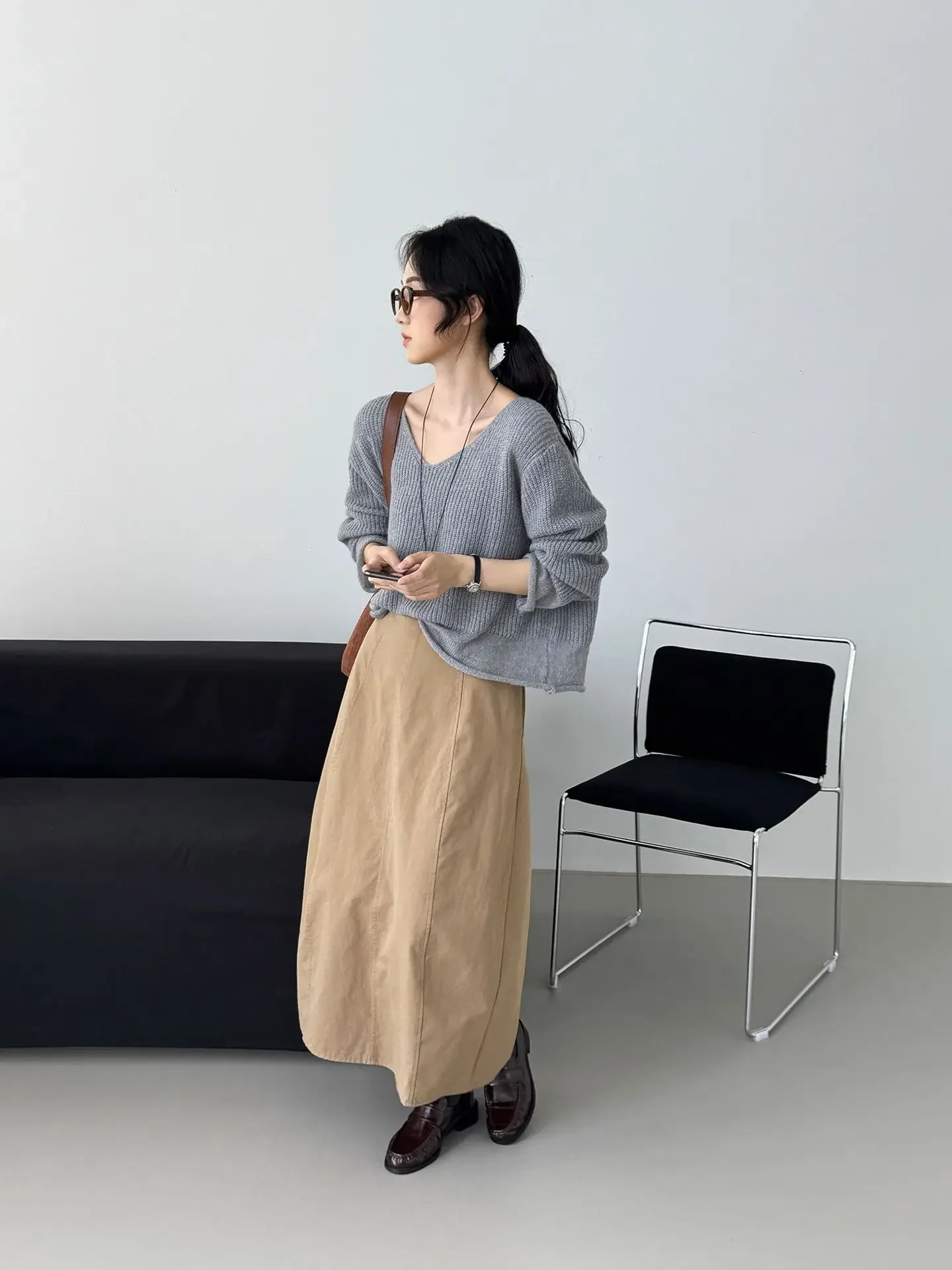 Media falda con diseño de algodón y seda de longitud media para mujer, cintura alta, estilo coreano, Color liso, sin decoración, tejido de algodón