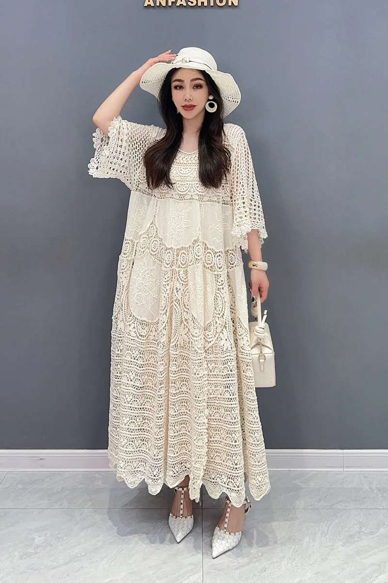 2024 Summer New Lace Dress Mid sleeved Mid length Skirt Hollow out Elegant Ladies Loose fitting Women Dress WXY042