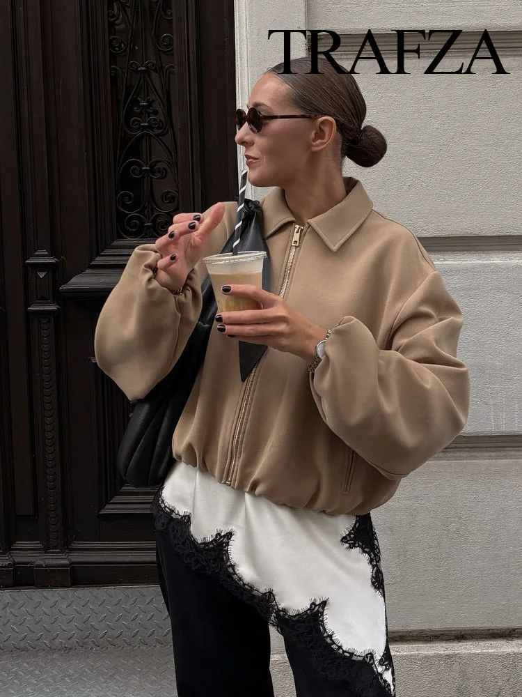 

TRAFZA Women Fashion Long Sleeves Lapel Pocket Zipper Design Short Coats Female Autumn Casual Slim Street Style Solid Jackets