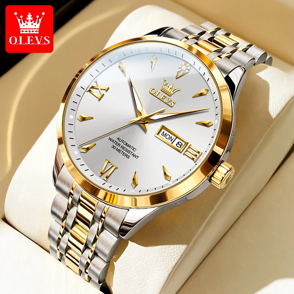 OLEVS 9956 Men\'s Watch Fashion Business Waterproof Luminous Date Week Display Automatic Mechanical Watch Luxury Gold Men\'s Watch