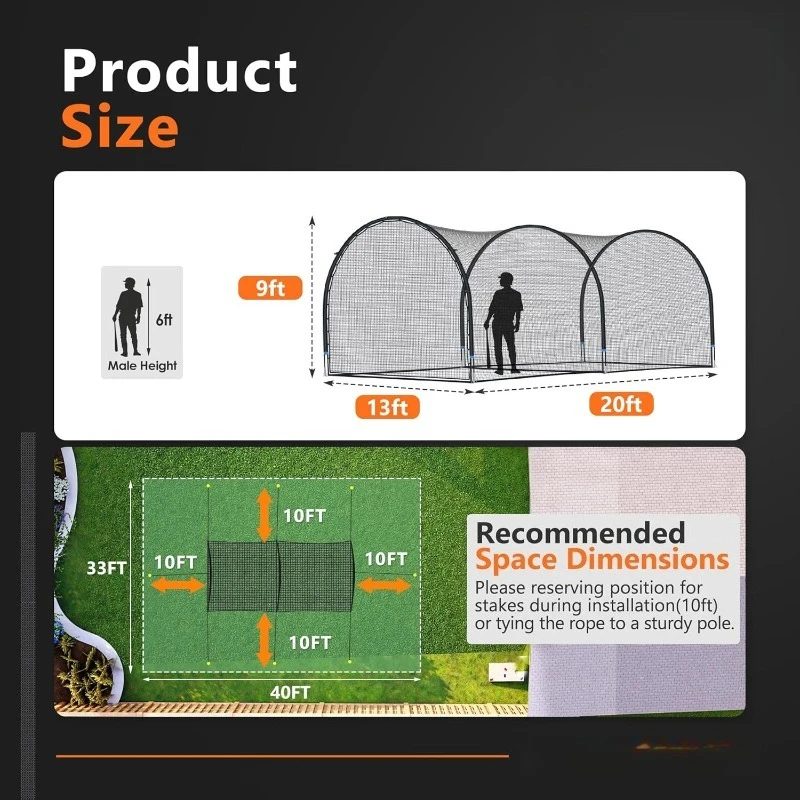 Baseball Batting Cage 13/20/30ft for Backyard, Baseball Training Equipment Netting Cages, Golf Softball Baseball Nets