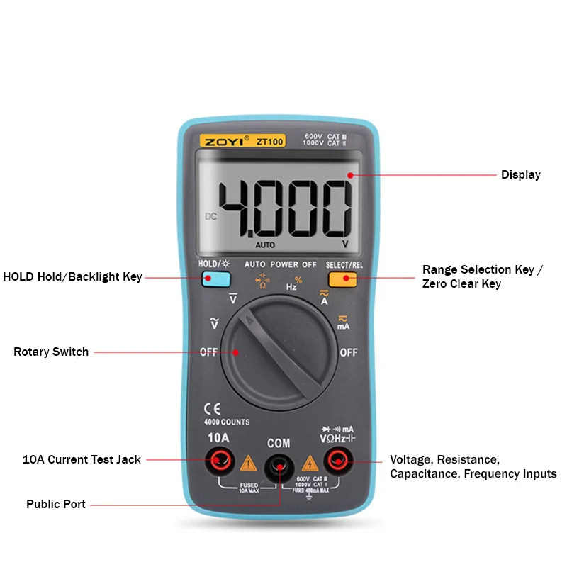 Multimeter Digital Pintar ZT100 dengan Bluetooth LCD Multimeter AC 4000 Counts Fitur Rentang Otomatis