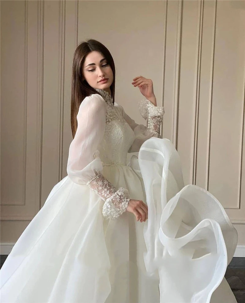 Gaun pernikahan elegan kerah tinggi cantik gaun pernikahan renda Puff lengan panjang leher tinggi gaun pengantin pernikahan Korea jubah de mariage