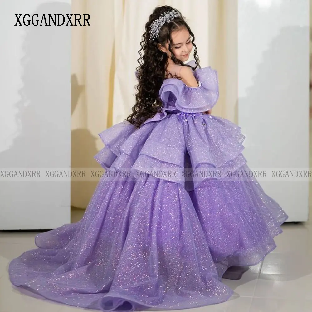 Sparkling Purple Flower Girl Dress 2024 Mini Quinceanera Birthday Party Gown Wedding Formal Pageant Daughter Sister Princess