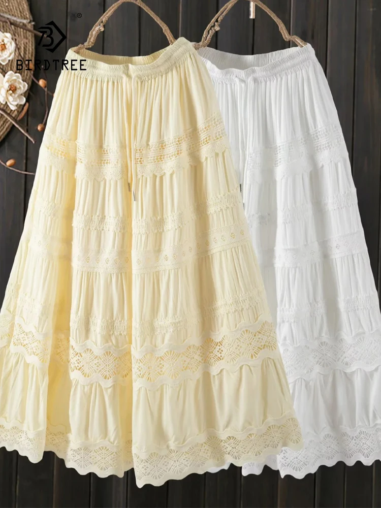 

New 2025 Autumn Cotton Skirt, Women Elastic Waist Lace Patchwork, Mori Girl French Retro Sweet Fairy Loose A-line Skirt B59129CC